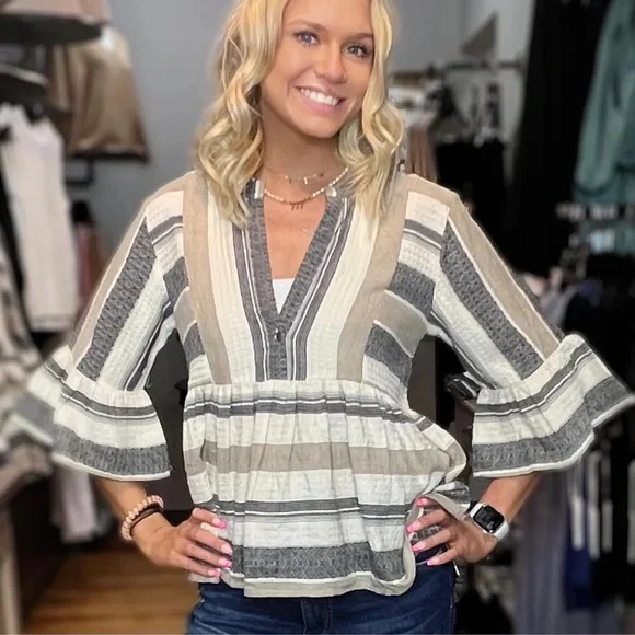 THML Beige and Gray Striped Top - Picture 11 of 11